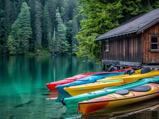 Obraz premium A row of colorful kayaks line the dock at the lake, surrounded by lush greenery and clear turquoise waters in summer. A wooden house can be seen nearby. Leisure vacation concept