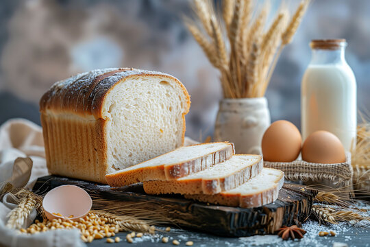 A photograph of bread on a wood tabletop has sliced bread, wheat, egg, and milk as decoration, a warm theme, natural light, and a clean on a blurred background. 