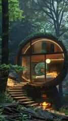 Cozy circular treehouse nestled in lush forest, blending modern design with nature, featuring elevated walkway and warm interior lighting.