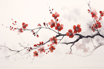 Blooming peach blossom branches, hand-painted watercolor illustration material in ink style
