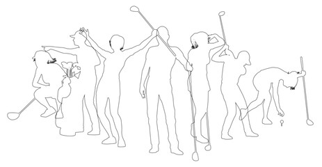 Silhouette golf player set. Active golfers golfing sports people healthy players fitness silhouettes concept.