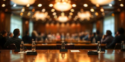 Blurry image of a crowd discussing suggestions or voting in a council meeting. Concept Community Engagement, Civic Participation, Crowdsourcing, Public Decision Making