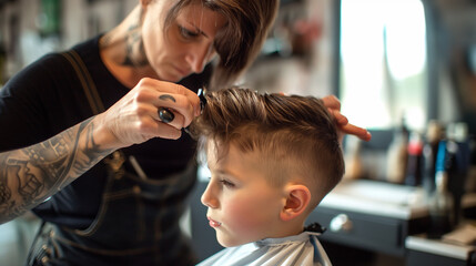 A hair stylist is trimming hair on one side of boy's head