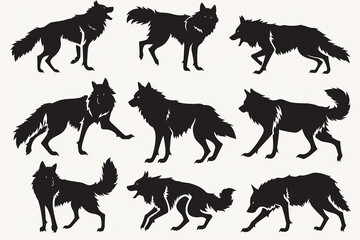 Detailed black wolf silhouettes in various powerful poses for artistic designs. Wildlife illustration concept