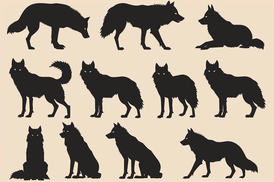 Majestic black wolf silhouettes in diverse poses for modern vector art. Animal illustration concept