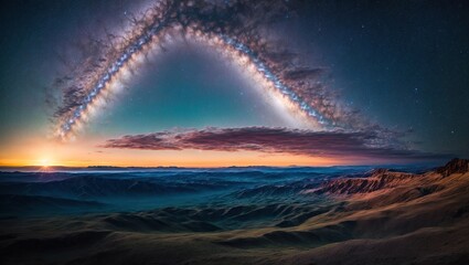 Landscape with Milky way galaxy. Sunrise and Earth view from space with Milky way galaxy