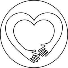 Hugging arms in line shape of heart icon. Hands hug. Embrace of friendship. Volunteer care, love symbol, friends relationship. Silhouette of people hands with editable stock on transparent background.