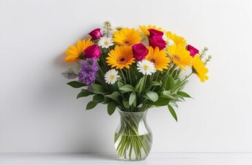 Spring bouquet of yellow gerberas and red roses in vase on a white background