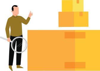 Boy is doing magnifying search for cardboard cartons.