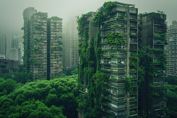 Obraz premium Abandoned high-rise buildings covered with plants