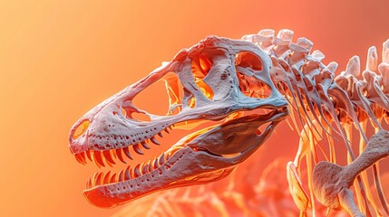 Detailed dinosaur skeleton displayed dramatically, capturing the essence of prehistoric times. Perfect for educational materials and museum exhibits.