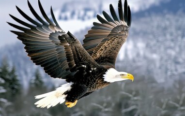 Obraz premium Majestic Bald Eagle in Flight over Snowy Landscape