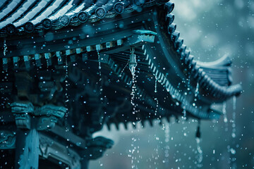 Twenty-four solar terms rain solar terms background, close-up illustration of raindrops on the eaves of ancient Chinese style buildings