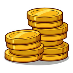 A stack of shiny gold coins displayed on a plain white surface