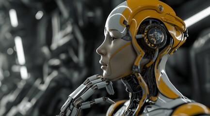 a golden and silver robot woman with an elongated neck is thinking, surrounded by dark gray metallic structures in the background