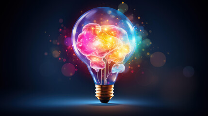 Illustration of glowing brain light bulb with vibrant thought bubbles symbolizing creative diversity and innovation.