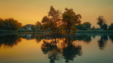 "Tranquil Sunset Over Serene Lakeside Reflections"