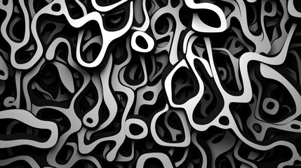 Explore abstract modern art with organic shapes and flowing lines in a sophisticated black and white palette.