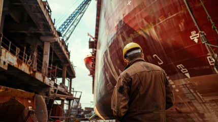 A workers building a big ship outdoors on the sunny day