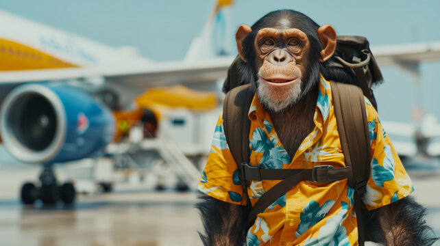 Affe auf Reisen steigt aus dem Flugzeug