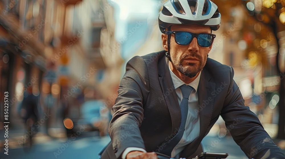 Wall mural a professional man in a suit and cycling helmet rides a bike in front of a blurred cityscape - Wall murals