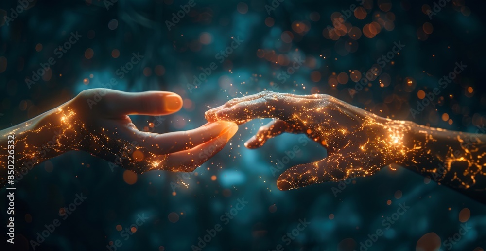 Wall mural ai generated image of two hands touching with glowing light particles