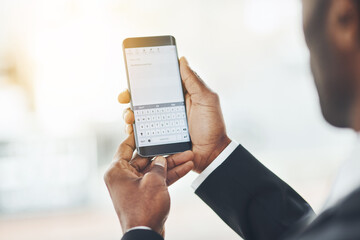 Businessman, hands and notes with phone screen for reminder, agenda or memo at office. Closeup of employee texting, browsing or chatting on mobile smartphone, display or keypad for memory or schedule