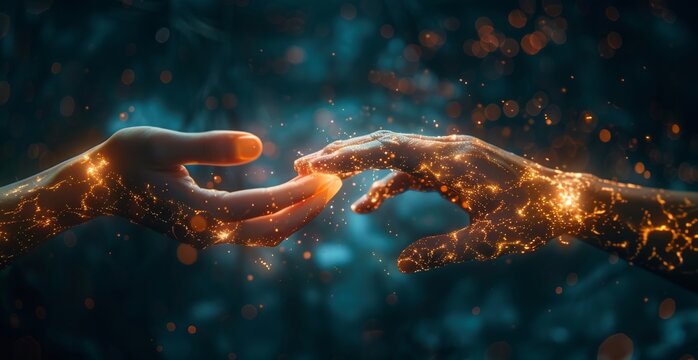 AI generated image of two hands touching with glowing light particles