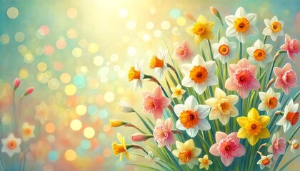 Obraz premium A bright spring background featuring a variety of colorful daffodil flowers