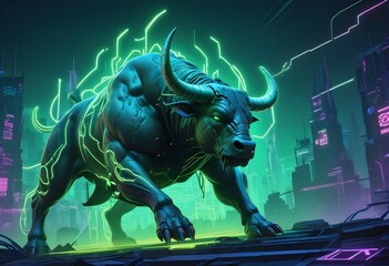 Fototapeta premium cyberpunk A large muscular&nbsp;Bull charging through a glowing neon | cyberpunk A large muscular&nbsp;Bear charging through a glowing neon