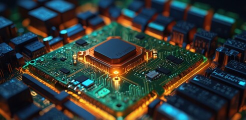 Obraz premium Printed circuit board futuristic serverCircuit board futuristic server code processing. Orange, green, blue technology background