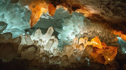 Glowing crystal cave with luminescent minerals