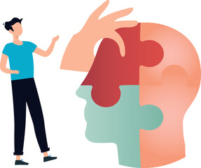 A boy is looking at the puzzle pieces problem.