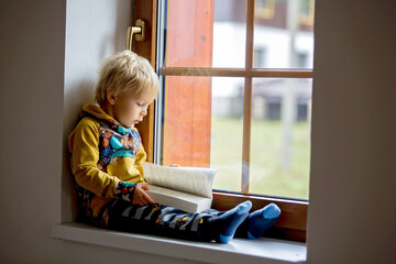 Cute toddler child, blond boy, sitting on window, reading