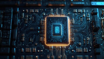 Fototapeta premium Quantum computer technologies concept. Futuristic blue circuit board background vector. Modern technology circuit board texture background design