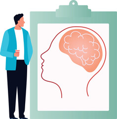 Boy is looking at brain art on clipboard.