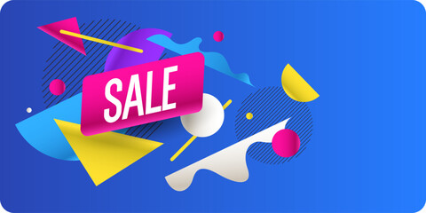 The inscription Sale on the poster. An abstract background for further design. An illustration with geometric objects and shapes. A banner for the sale of goods in the store.