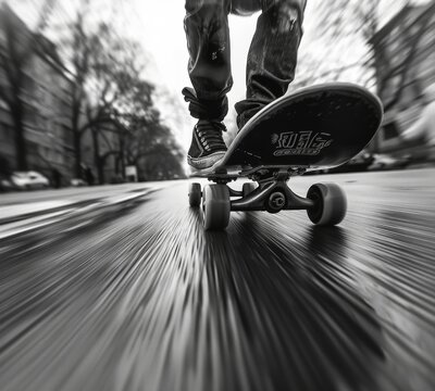 Black and white photo of person longboarding on a city street with motion blur effect