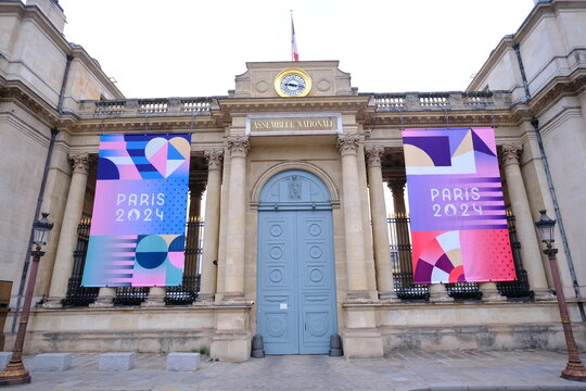 The facade of the French National Assembly after the dissolution and before the Olympic games. Paris, France - June 13, 2024.