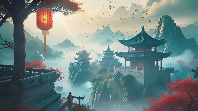Chinese temple on a high hill in cartoon or anime style. seamless looping time lapse virtual 4k video animation background