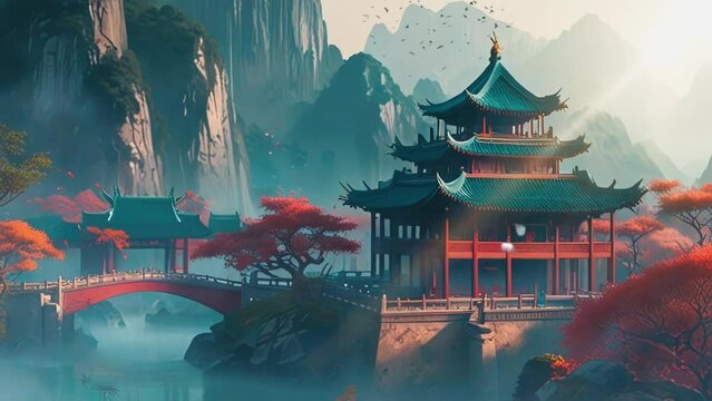 Chinese temple on a high hill in cartoon or anime style. seamless looping time lapse virtual 4k video animation background