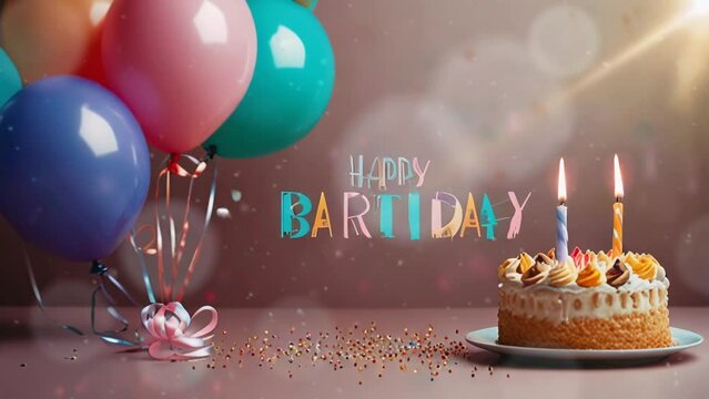 balloons, candles and birthday cake in cartoon or anime style. seamless looping time lapse virtual 4k video animation background