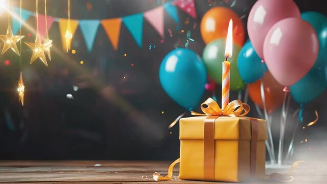 balloons, candles and birthday cake in cartoon or anime style. seamless looping time lapse virtual 4k video animation background