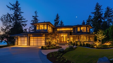 Fototapeta premium Modern two-story house at dusk with interior lights on, creating a warm and inviting atmosphere