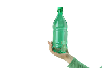 Hand holding a green plastic bottle against a black background, showcasing eco-friendly and recyclable packaging solutions.