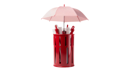 Pink Umbrella Over Red Umbrella Stand With Umbrellas Inside