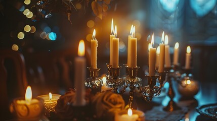 Hanukkah menorah with candles on table against blurred lights.
