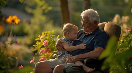 Fototapeta premium grandfather sitting in a garden with his young grandchild on his lap