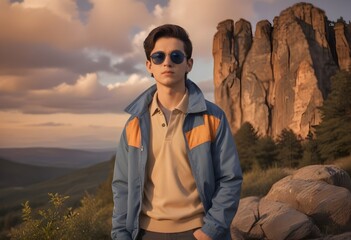 Naklejka premium A young man with dark hair wearing a a blue jacket and sunglasses