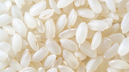 Macro shot of polished white rice grains background textture